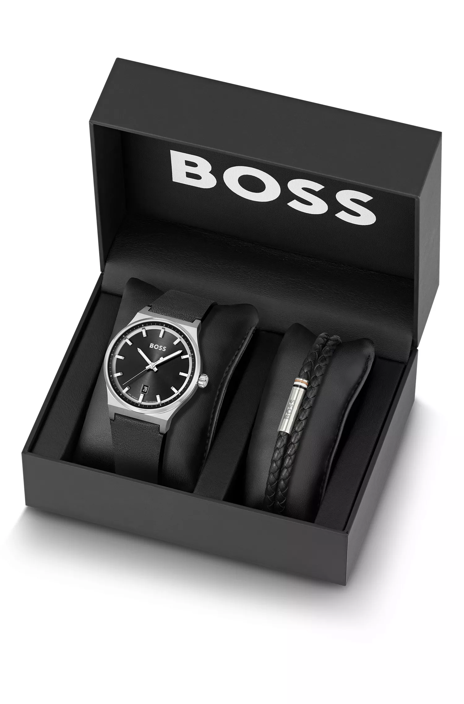 Relógio BOSS Black com mostrador preto e pulseira de couro trançado, em caixa de presente.