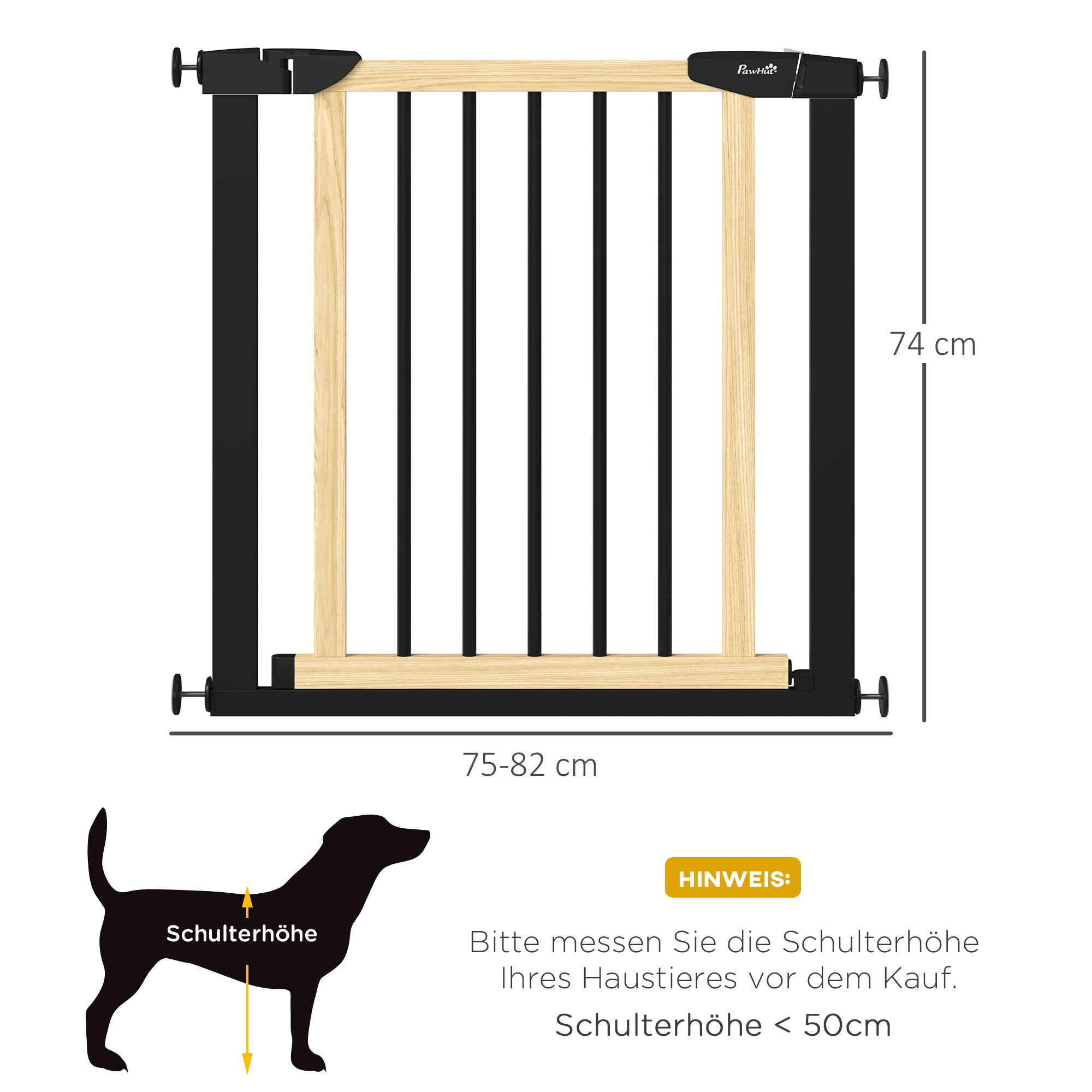 PawHut Türschutzgitter mit automatisch schließender Tür schwarz, natur 82L x 2B x 74H cm