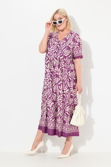 Jerseykleid, A-Linie, florales Muster, Bordüre