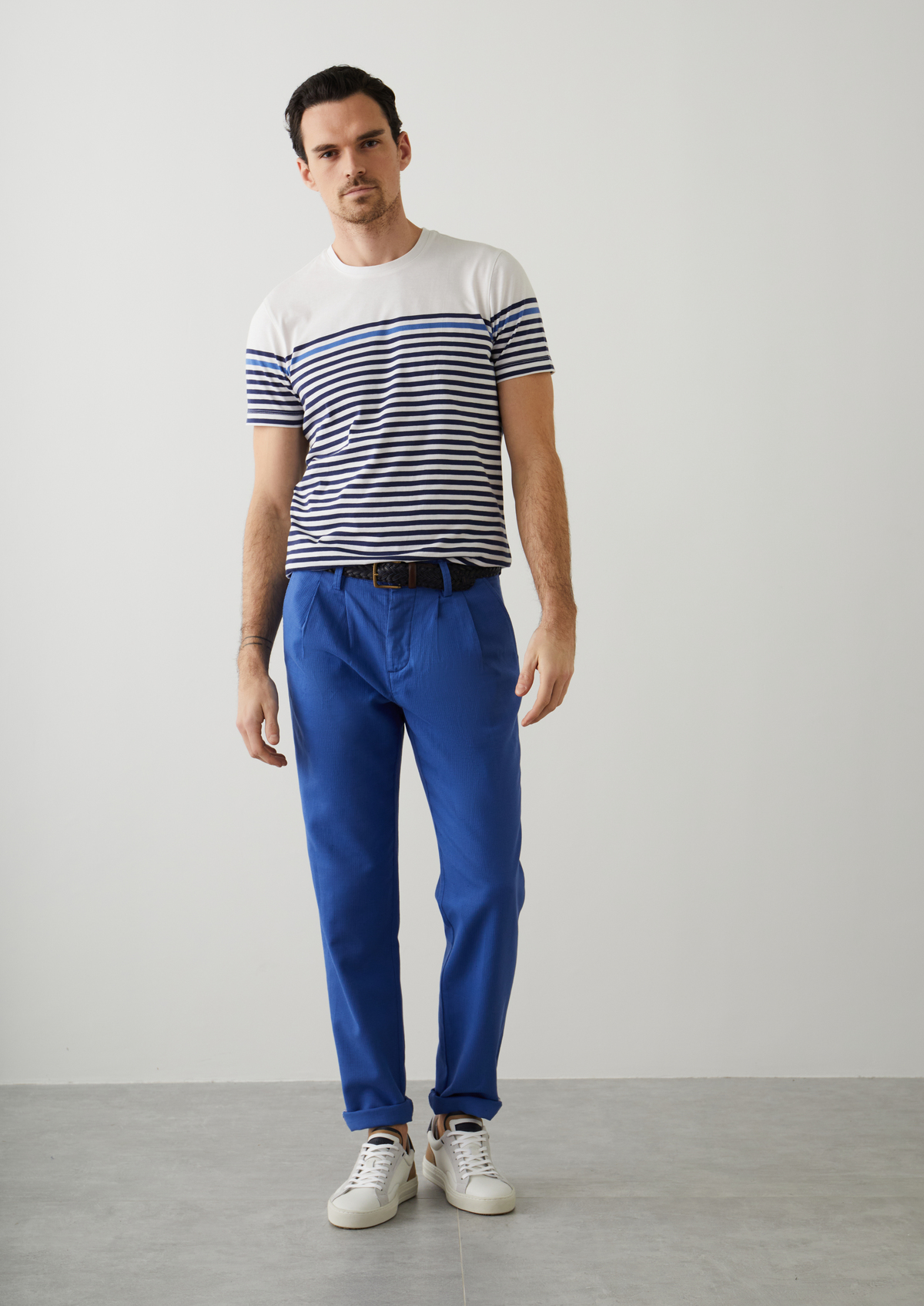Chino slack skinny en coton et lin unis bleu saphir