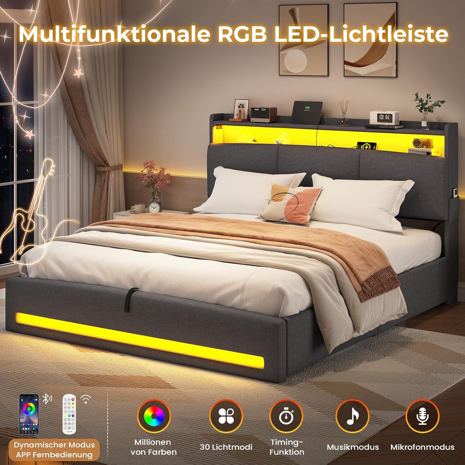 AOGLLATI Polsterbett 140×200 mit Steckdosen und LED-Beleuchtung, Doppelbett mit Stauraum Kopfteil, Bett 140×200 mit Hydraulische Stauraum und Lattenrost aus Holz, Linen, Dunkelgrau（Ohne Matratze）