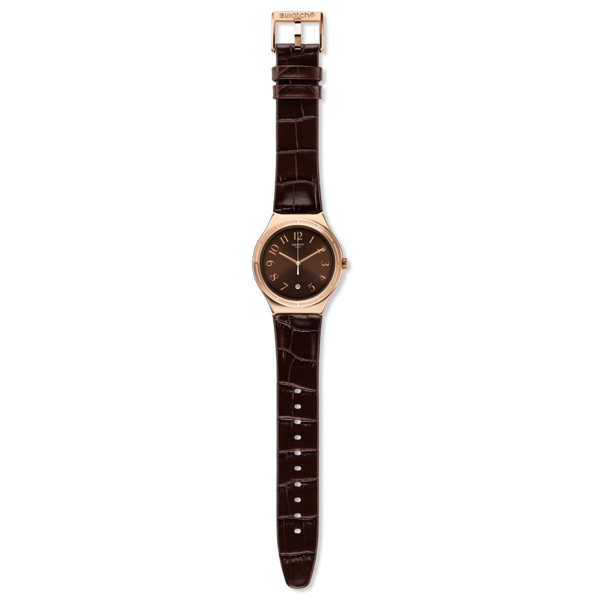 Montre Swatch homme acier doré rose cuir marron