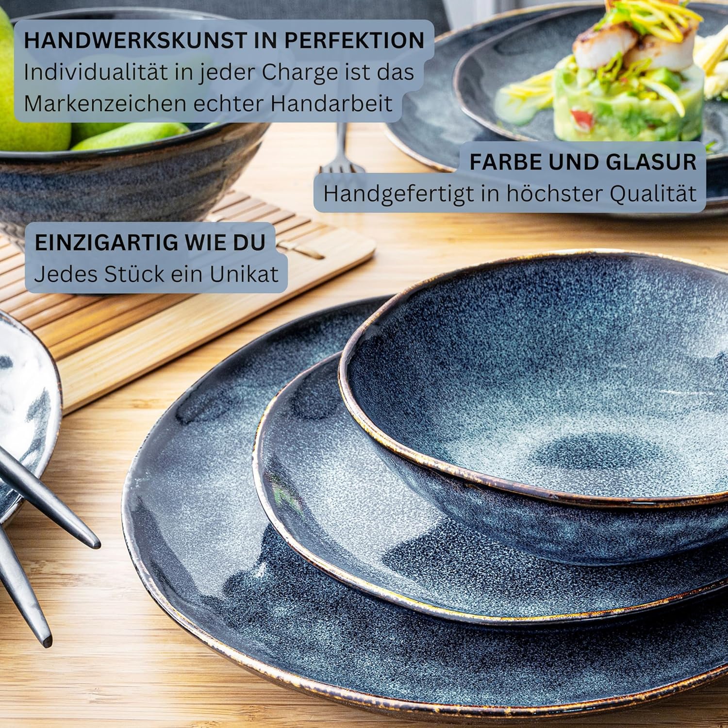 Sänger | Tafelservice Tokio 24 tlg, Geschirrset 8 Personen, Steingut Tableware Set, Essgeschirr, Modern Handmade, Essservice Dunkelblau mit schwarzen Akzenten| PREMIUM COLLECTION