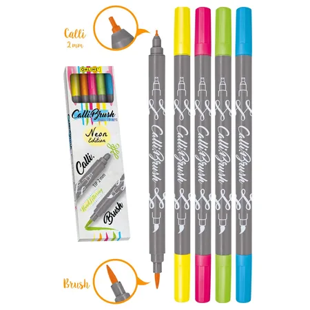 ONLINE Set Calli.Brush, 5 Double-Tip Pens, Pinselspitze und Kalligrafie-Spitze, Neon