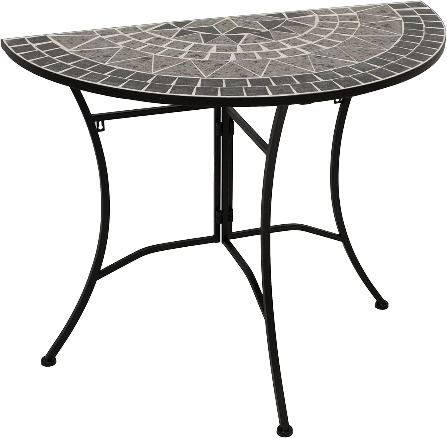 DEGAMO Balkonset Siena 3-teilig, 2X Klappstuhl und 1x Tisch 45x90cm halbrund, Eisen schwarz mit Mosaik Dekor grau/Weiss, mit Polstern grau