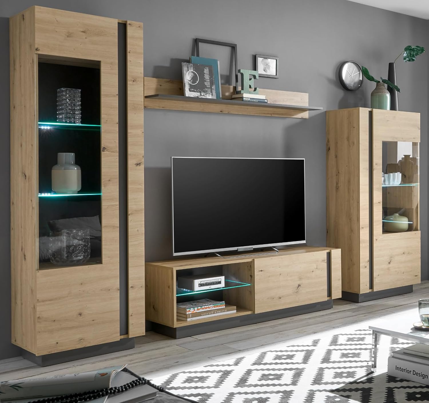 Wohnwand Schrankwand in Eiche Artisan und grau Graphit Wohnkombination 4-teilig Set 290 x 194 cm Louna (Set 1)