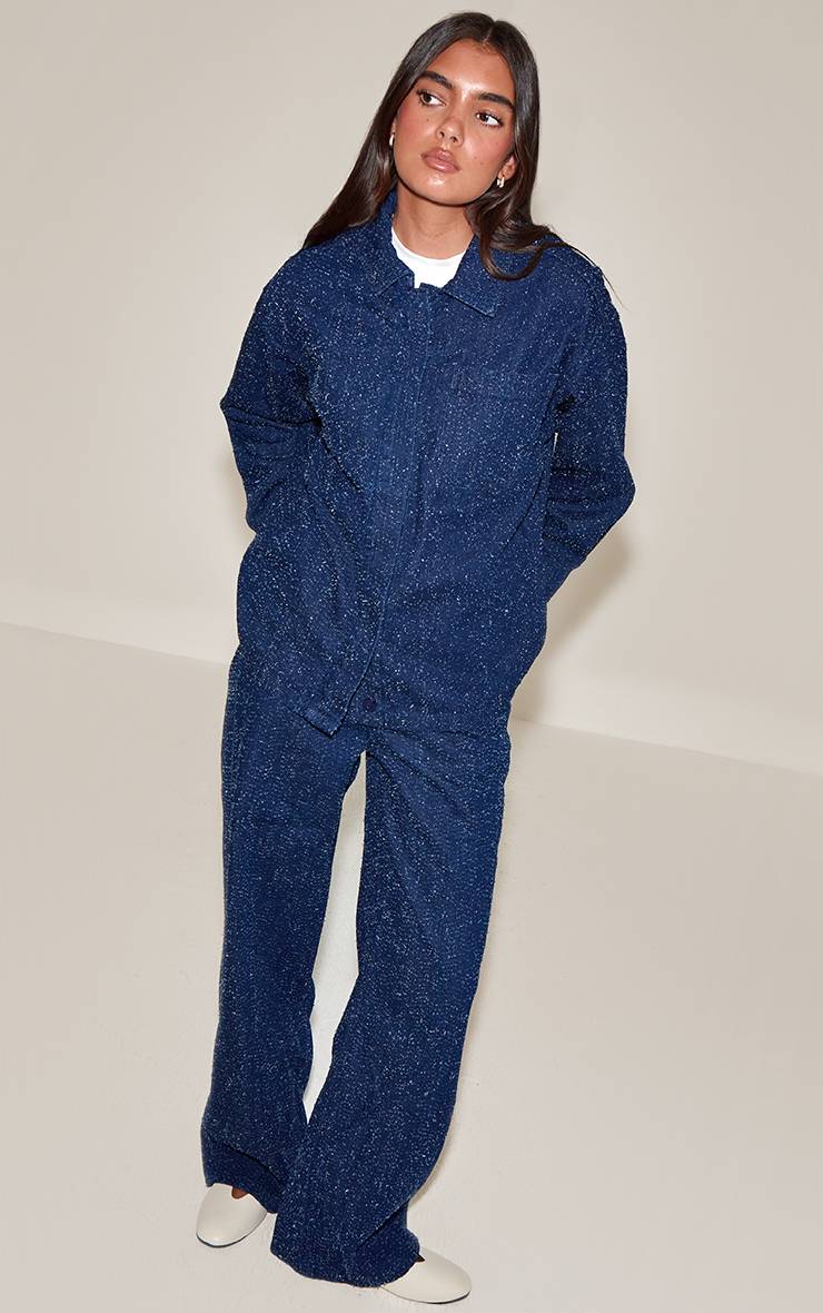 Bleu Foncé Chemise Oversize En Denim Bouclé À Patte De Boutonnage Dissimulée