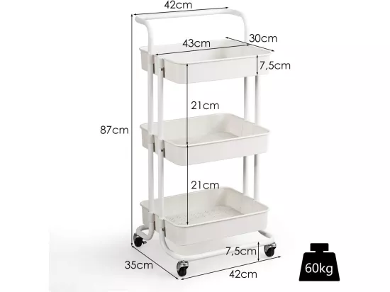 Chariot de Service à Roulettes avec 3 PaniersGrillagés en Métal Anti-Rouille 42 x 35 x 87 CM Charge Max. 60KG（Blanc)