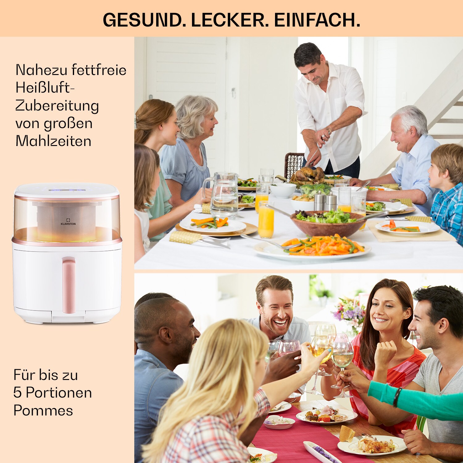 Air Bloom Heißluftfritteuse Dampffunktion 1500W 7,5 Liter 16 Programme
