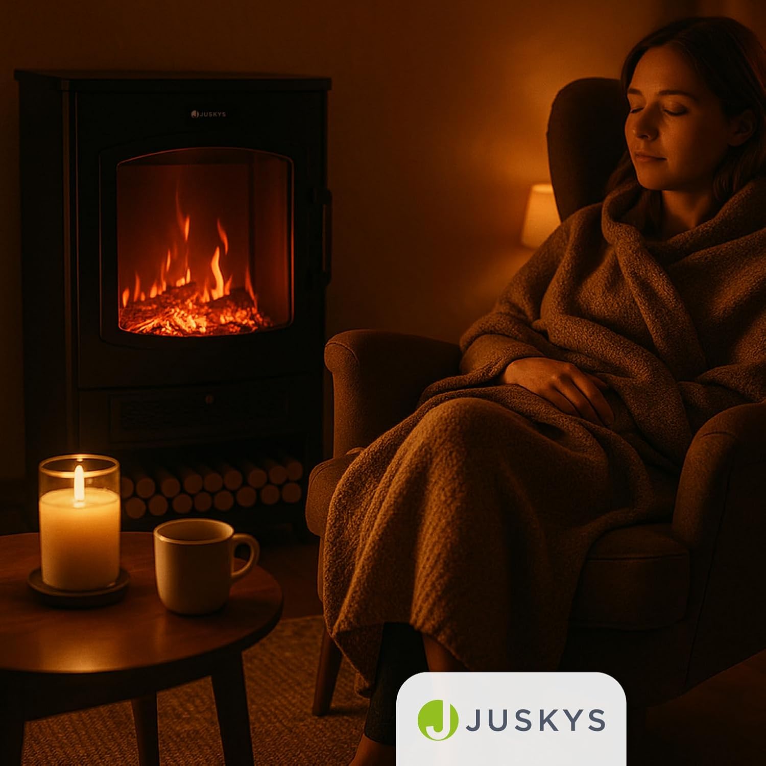 Juskys Elektrokamin 1800W – Schwarz, elektrischer Standkamin mit LED-Flammeneffekt, WLAN/App-Steuerung, Fernbedienung