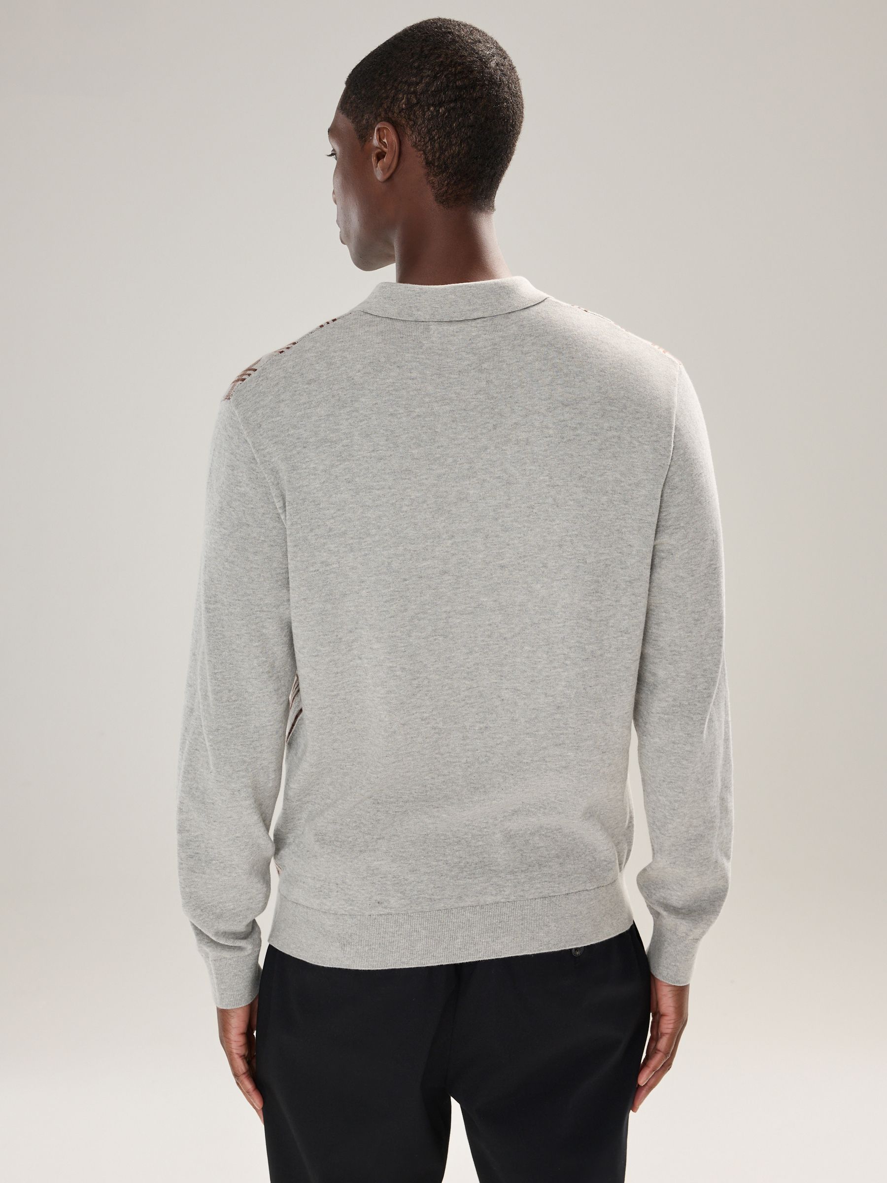 Grijs - Regular Fit Long Sleeve Knitted Check Polo Shirt
