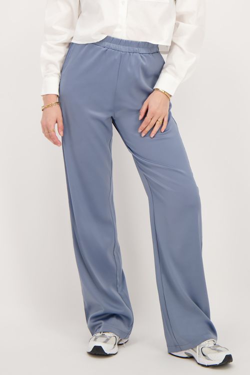 Blauwe satijnen wide leg broek met elastiek