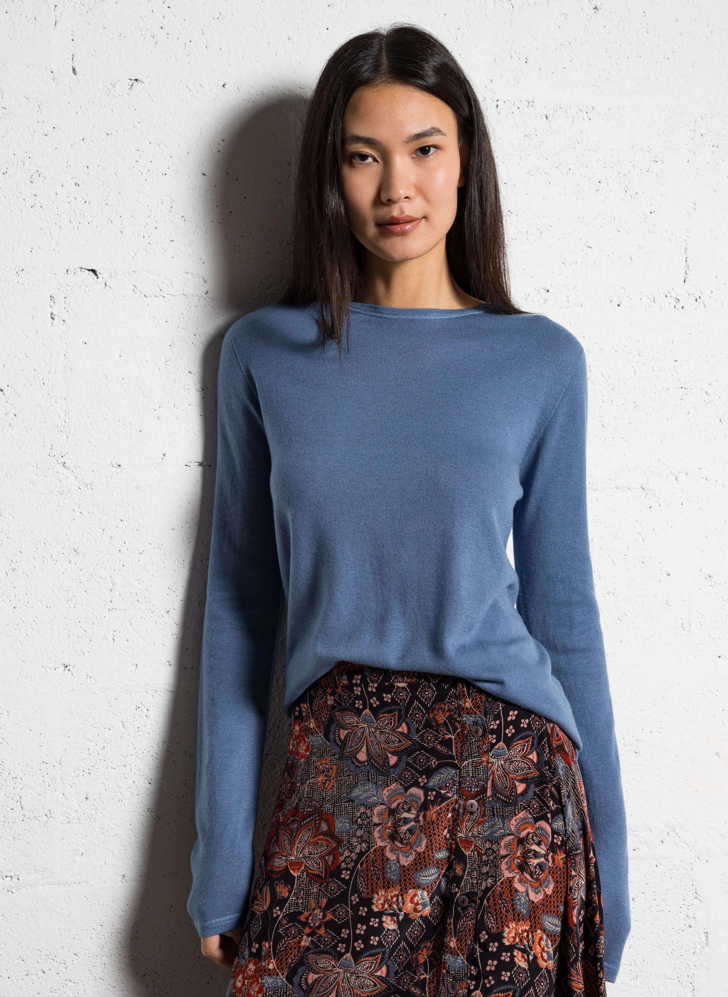 Pull fin col rond en cachemire | Bleu