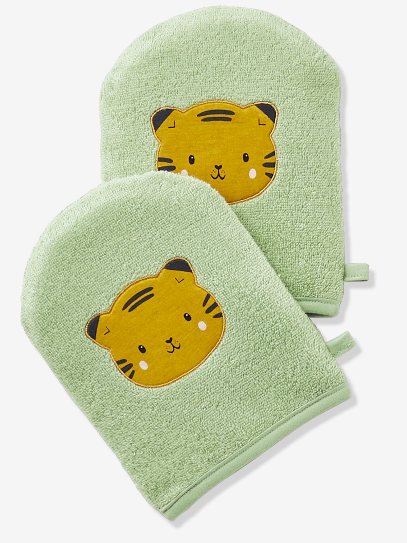 Conjunto de 2 luvas de banho lisas amarelas escuras com estampa de panda