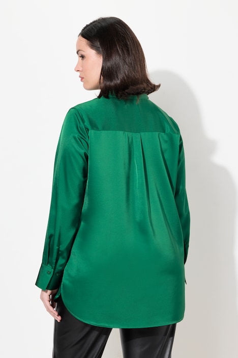 Satin-Hemdbluse, hinten länger, Hemdkragen, Langarm