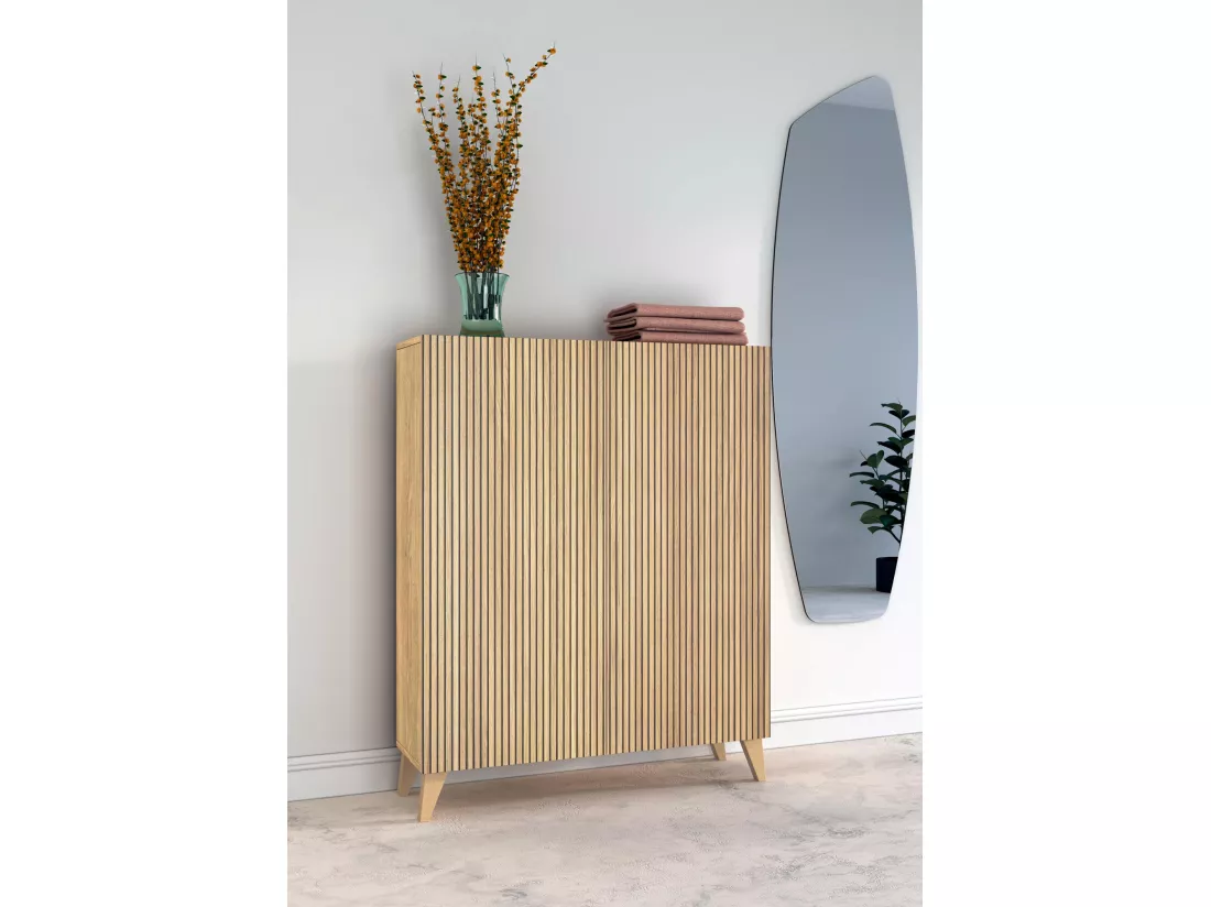Meuble à chaussures/rangement - H109cm x L90cm x P27cm chêne doré portes impression lattes - Narvik