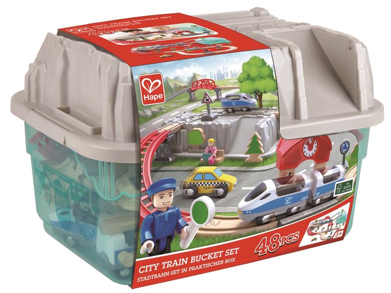 Hape Eisenbahn Stadtbahn-Set in praktischer Box Spielset mit 48 Teilen