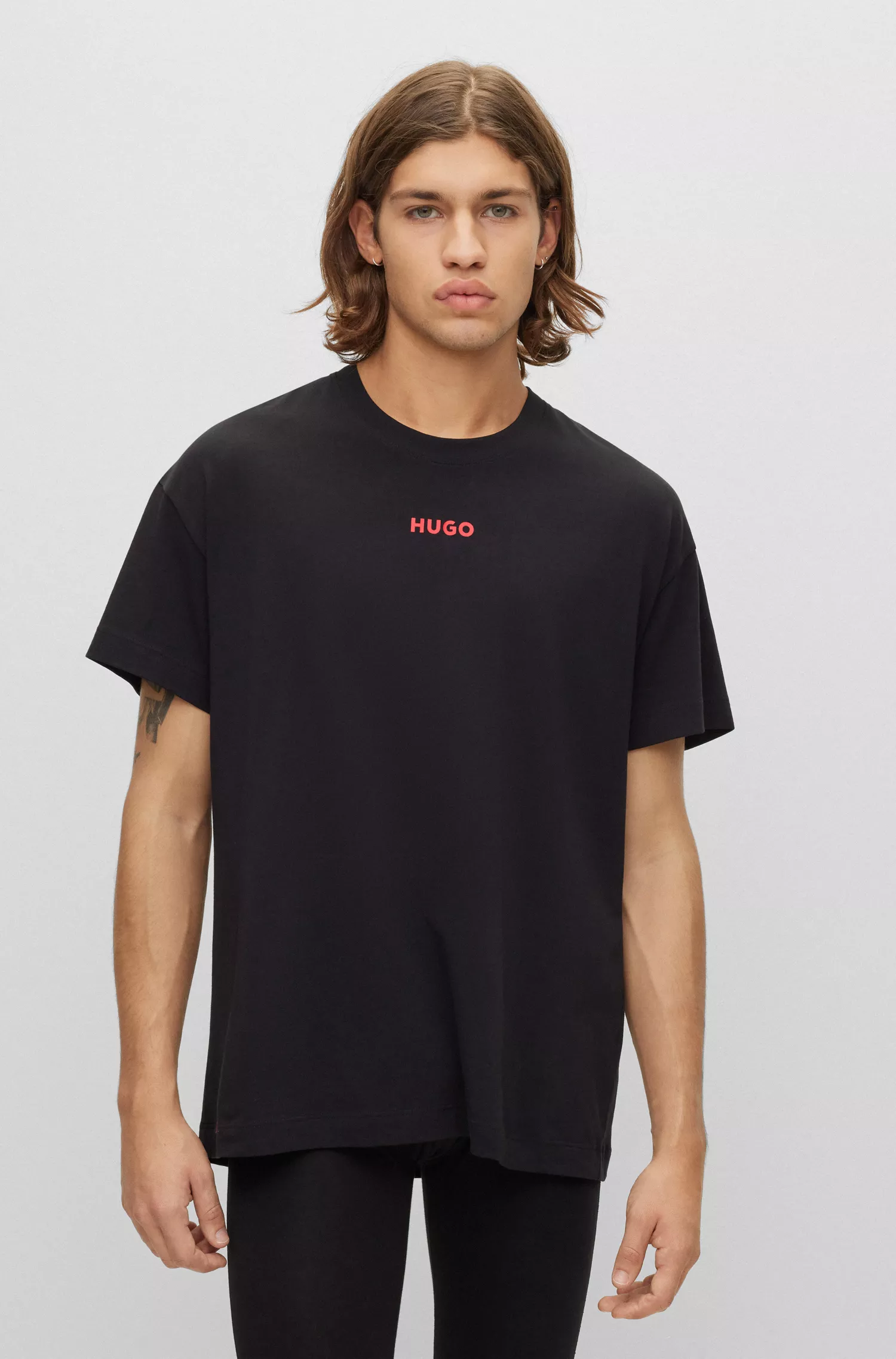 Camiseta de pijama HUGO vermelha, modelagem relaxada, em algodão elástico com logotipo.