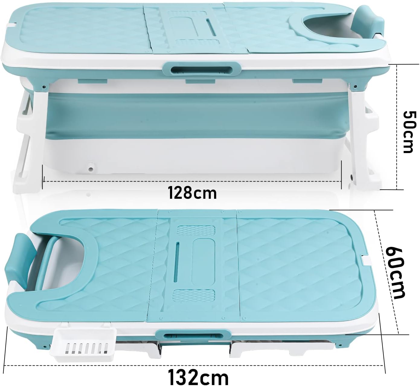 Ikodm Faltbare Badewanne Erwachsene - XL 132x60x50cm, Klappbare mobile Badewanne mit Abdeckung, Massagerollen & Korb, Klappbadewanne für Badezimmer, Dusche und Balkon (Blau)