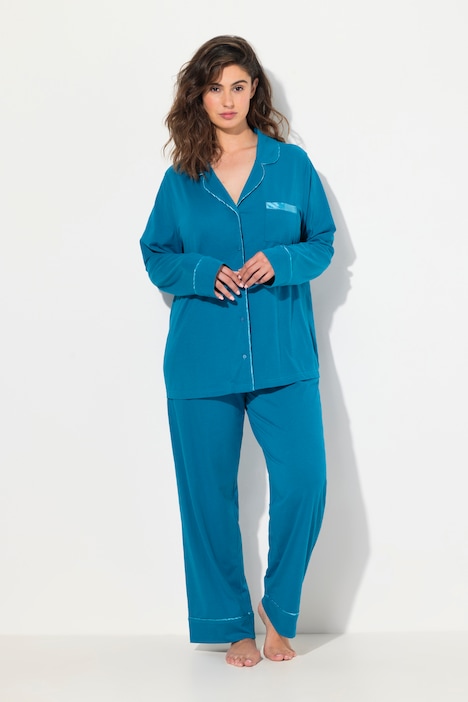 Pyjama, Satin-Piping, Reverskragen, Langarm