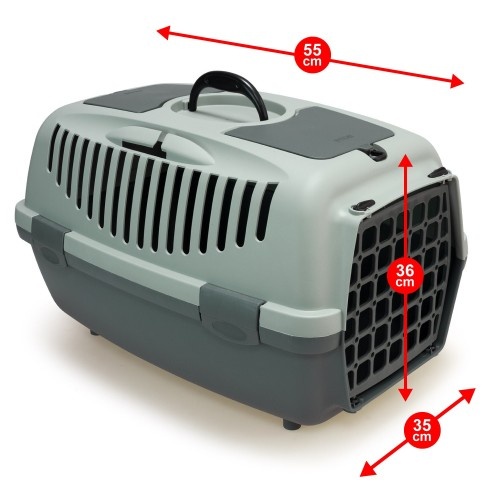 Caixa de transporte para animais de estimação Arquivet Ecoline, feita de plástico reciclado cinza.