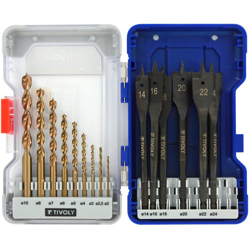 Coffret de 15 forets bois Tivoly Technic (9 forets bois HSS speed point Ø 2 à 10 mm + 6 mèches bois plates Ø 14 à 24 mm)