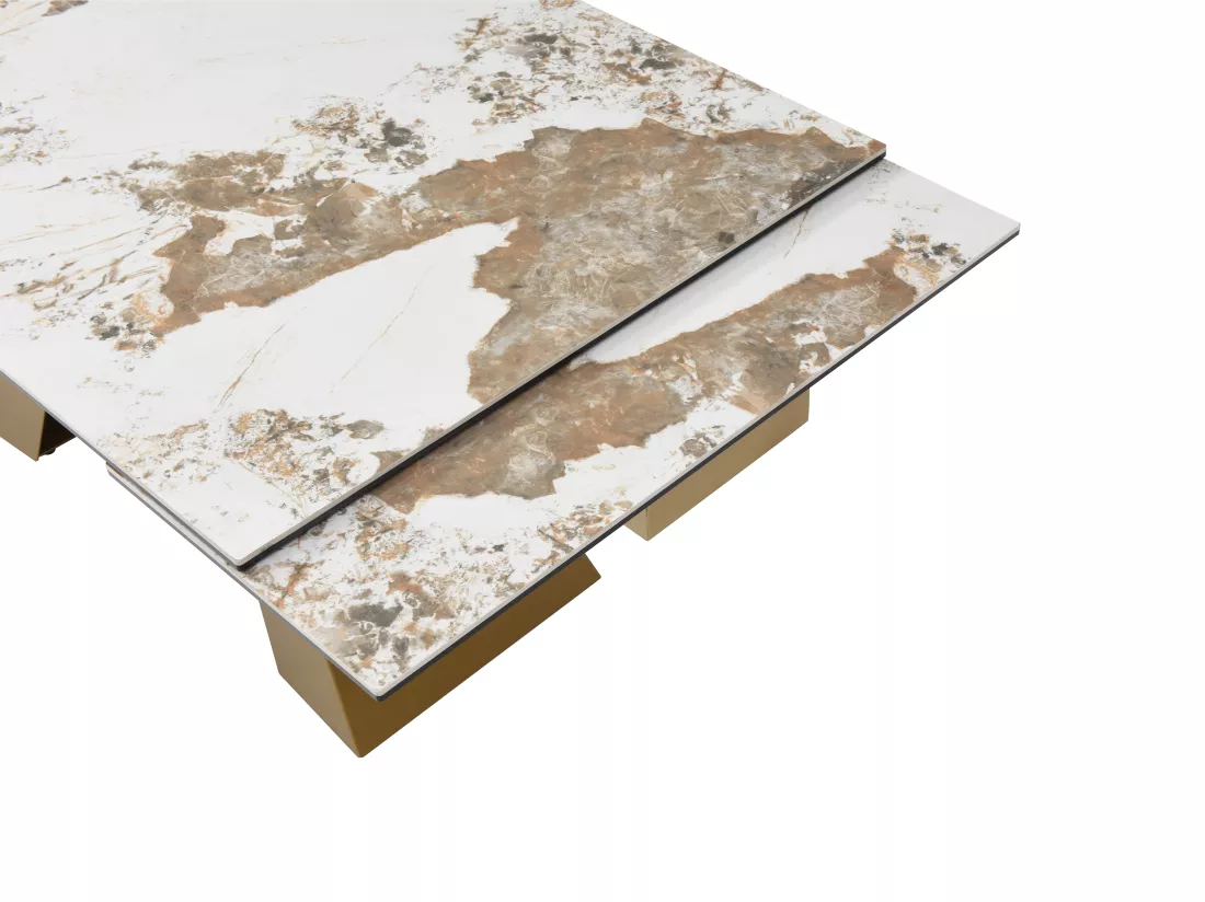 Table à manger extensible 6 à 10 personnes en verre trempé, céramique et métal doré - Effet marbre blanc et taupe - LOZIPA de Maison Céphy