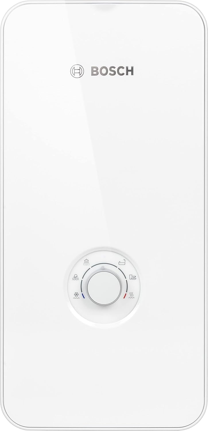 Bosch elektronisch geregelter Durchlauferhitzer Tronic Comfort AquaStop 21/24/27 kW - Umschaltbar, druckfest, stufenlose Temperaturwahl, moderne Glas-Optik, weiß [Energieklasse A]