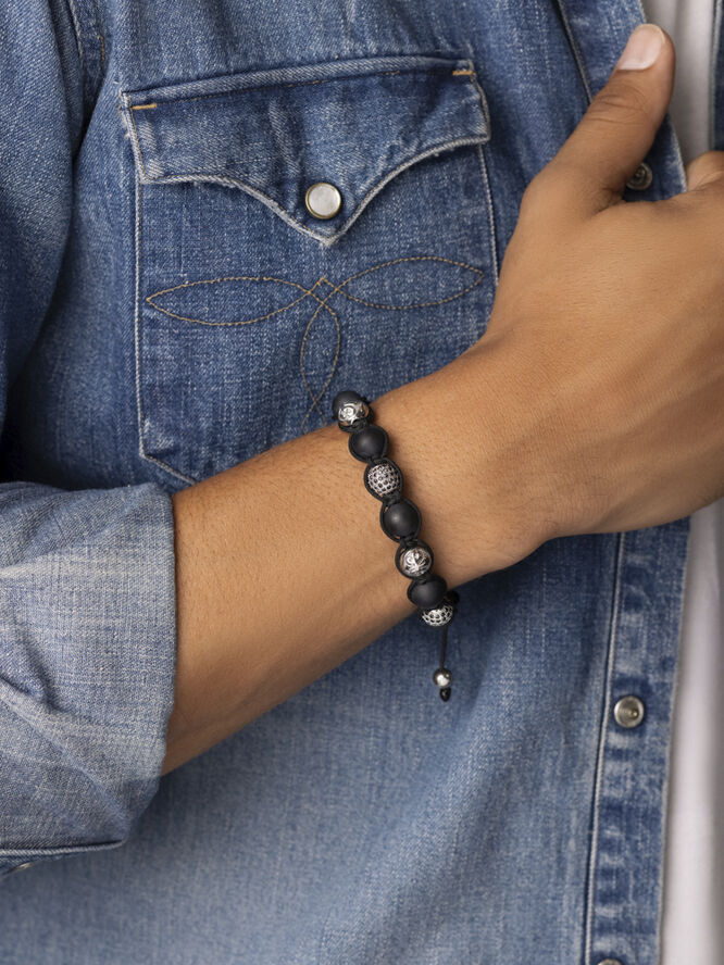 Nialaya Men's Beaded Bracelet with Matte Onyx and Silver Black