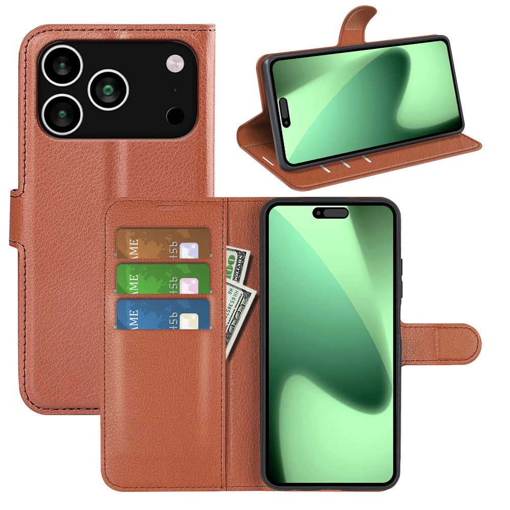 iPhone 17 Pro Max Leder Tasche Flip Cover Litchi Look - Braun