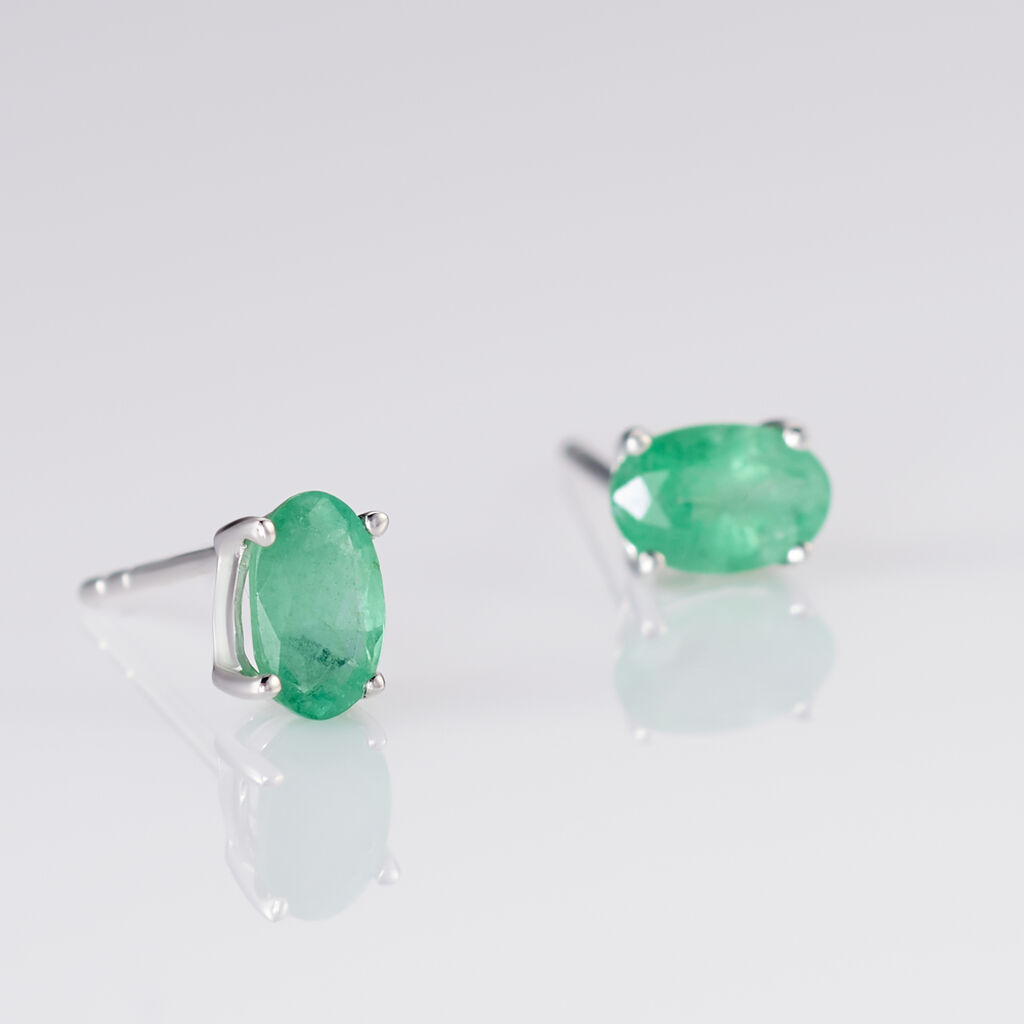 Boucles D'oreilles Puces Ovale Or Blanc Emeraude