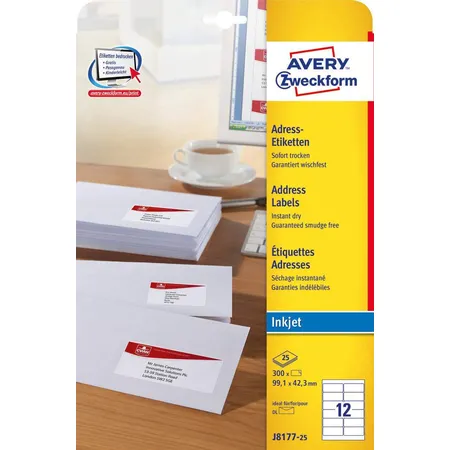 Avery Zweckform J8177-25 Adress-Etiketten,A4 99,1 x 42,3 mm, 25 Bogen/300 Etiketten, weiß