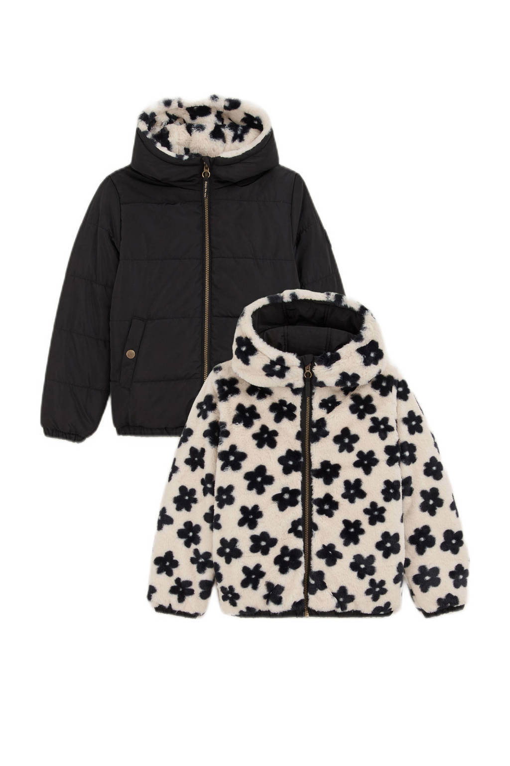 WE Fashion gewatteerde reversible winterjas met all over print zwart/beige