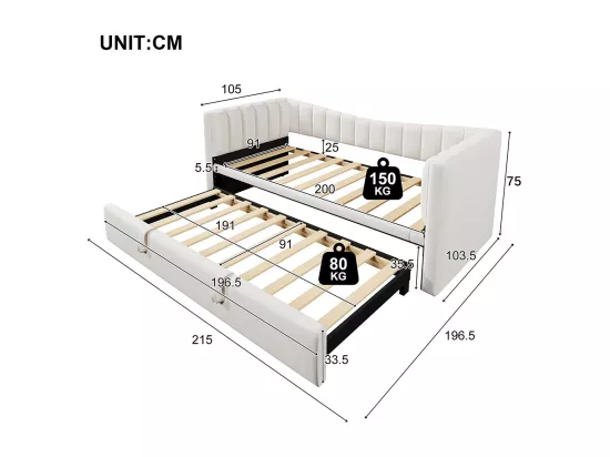 Lit gigogne Lit de jour 90x200 cm (180x200 cm) lit simple lit double avec sommier velours style minimaliste Blanc
