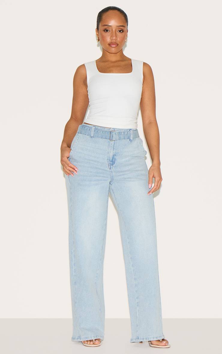 Bleu Clair Jean Large Taille Haute Ceinturé En Denim Stretch Shape