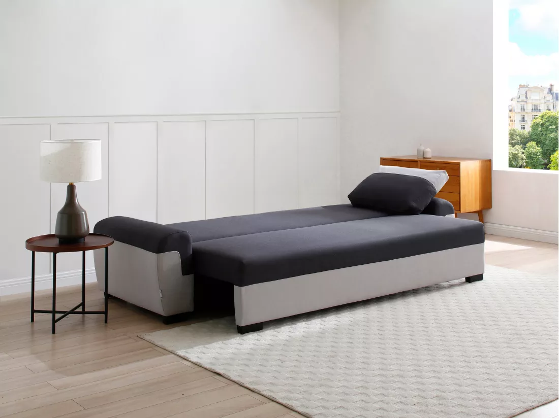 Canapé 3 places convertible en tissu anthracite et gris clair GABY II