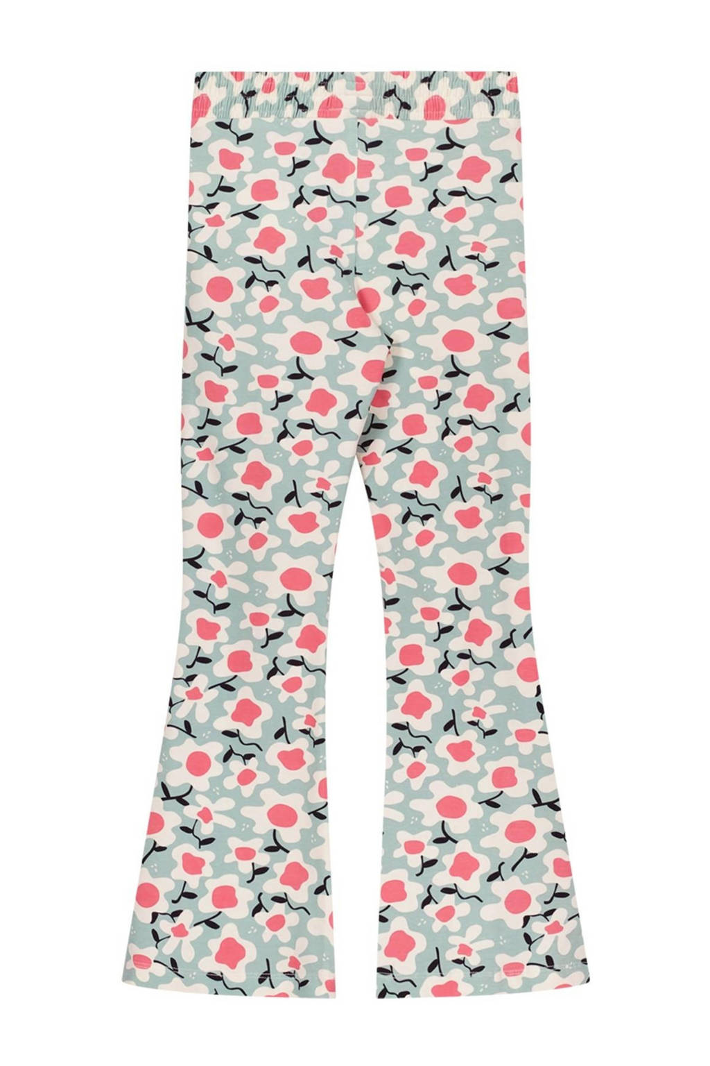Moodstreet gebloemde flared broek mintgroen/roze/offwhite