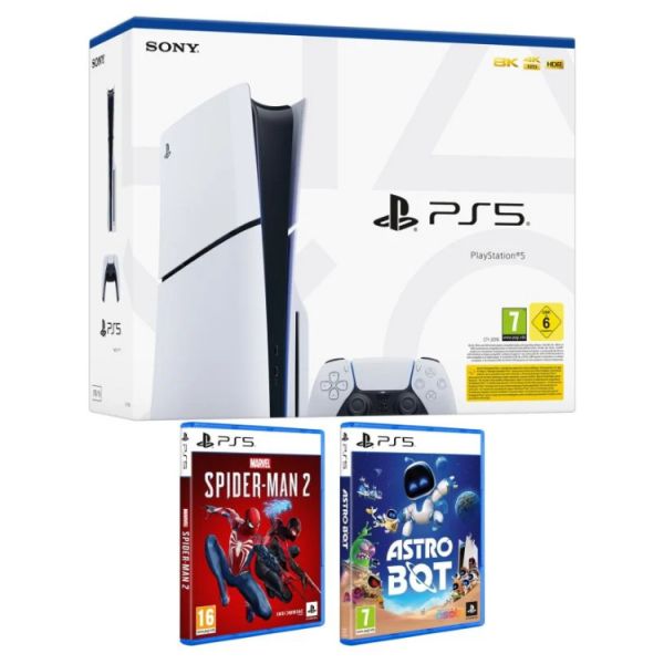 Sony PlayStation 5 Slim Standard Edition 1TB SSD   Pack Astro Bot   Spider-Man 2