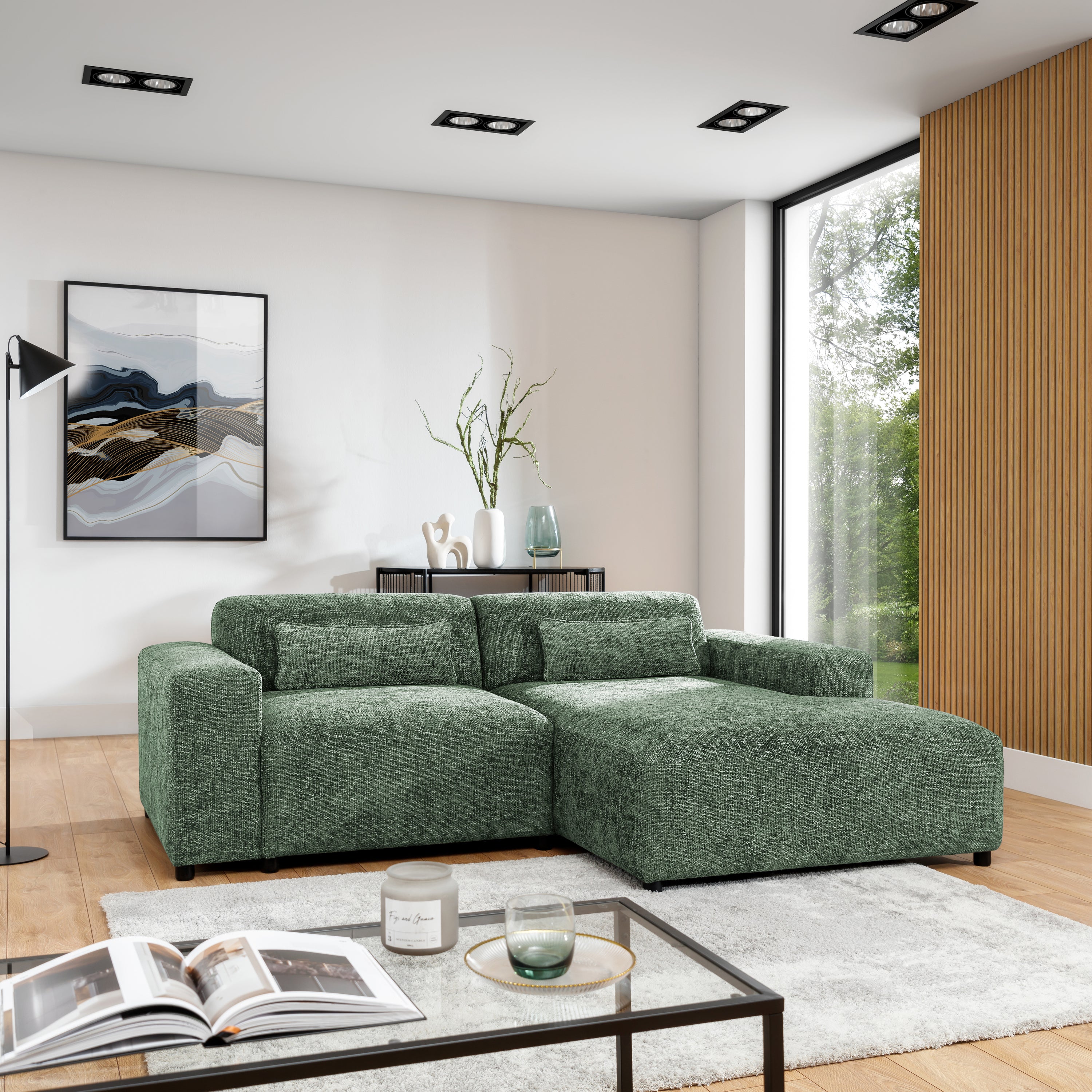 by fonQ Velura Hoekbank Rechts - Chenille - Groen