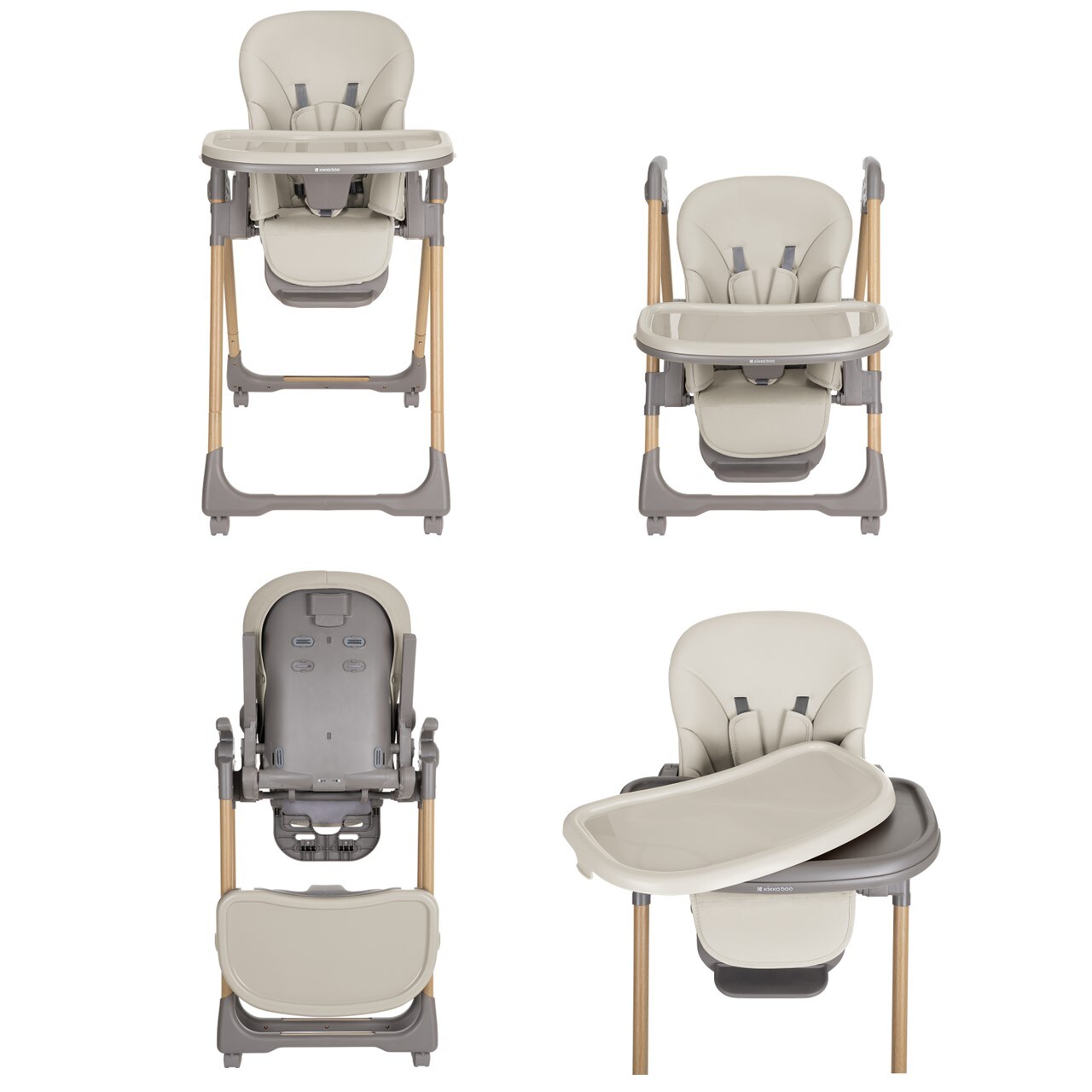 Kikkaboo Kinderhochstuhl Olive Räder mit Bremse klappbar höhenverstellbar Gurt beige