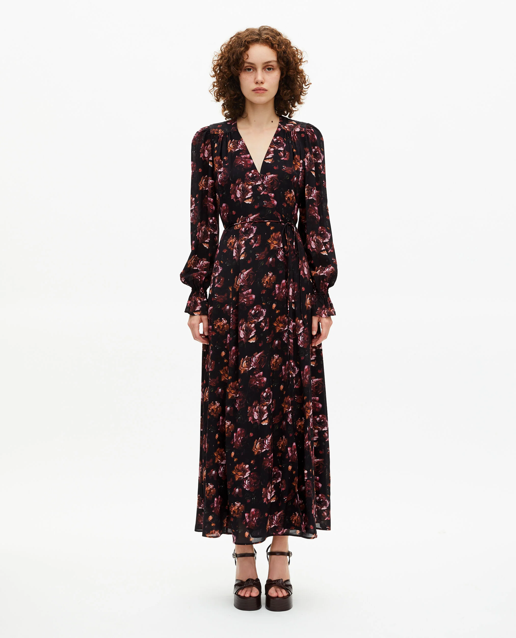Robe longue imprimé fleuri en soie mélangée bordeaux