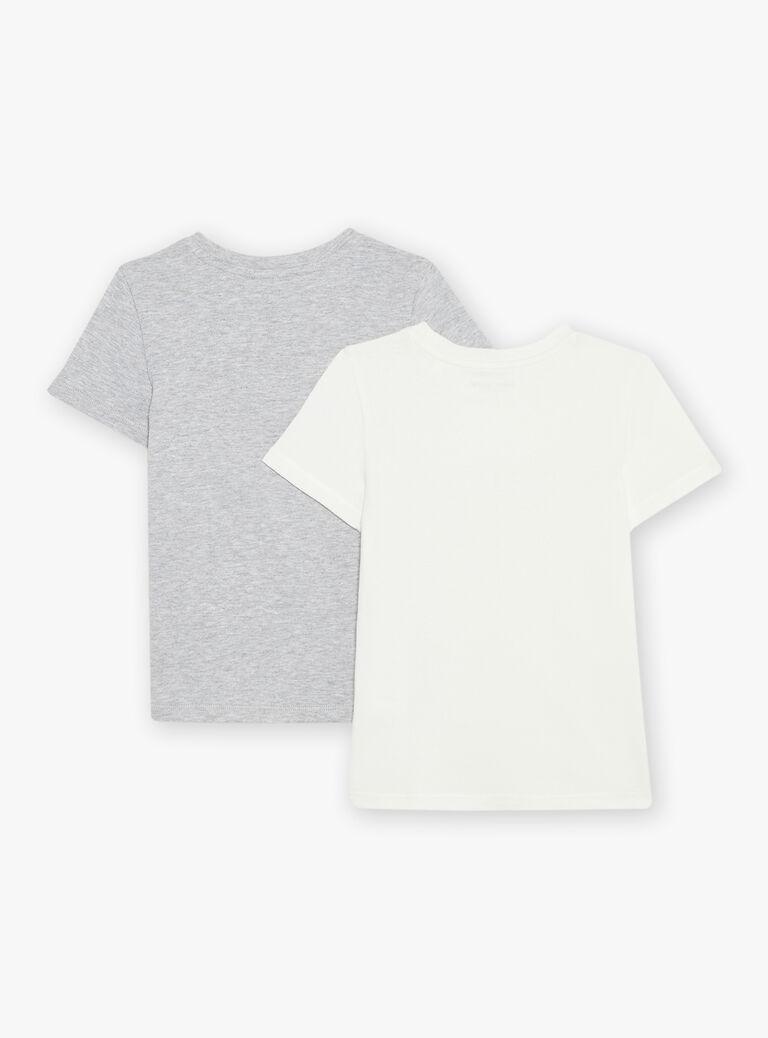2 T-shirts en coton biologique gris chiné et écrus thème dinosaures