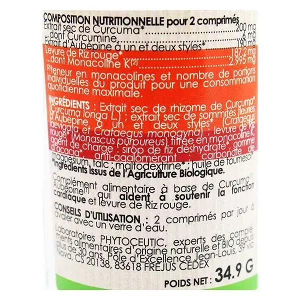 Cúrcuma orgânica fitoterápica, espinheiro-alvar e arroz vermelho fermentado, 60 comprimidos