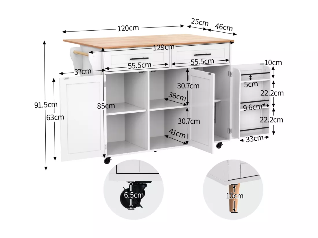 Desserte de cuisine 129x46x91.5cm, chariot de salle à manger, plan de travail pliable, armoire de rangement, blanc