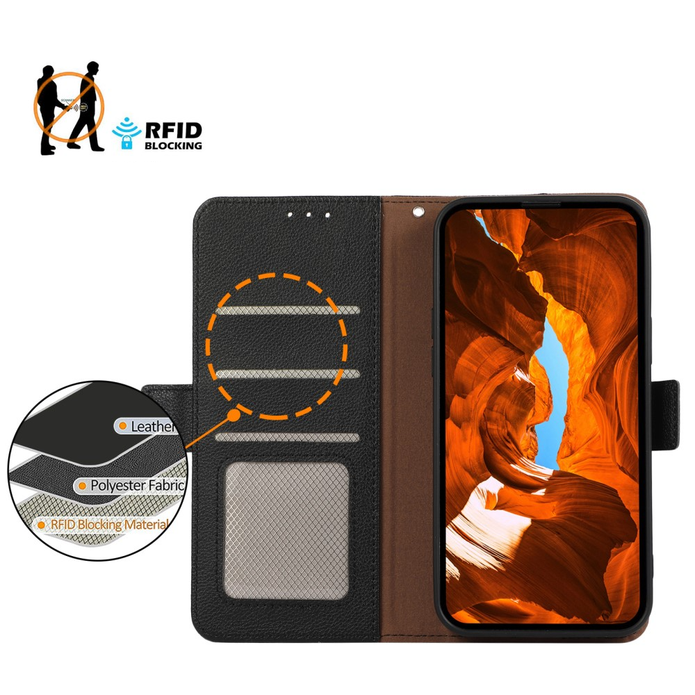 iPhone 13 Pro Leder Tasche Flip Cover Litchi Look (RFID Schutz) - Schwarz