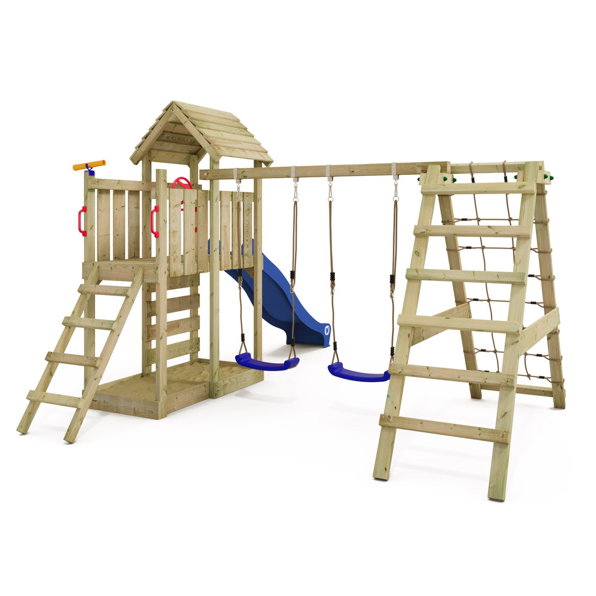 WICKEY RocketFlyer speeltoren klimtoestel met schommel en glijbaan, klimtoren met zandbak, klimuitbreiding en speelaccessoires - blauw