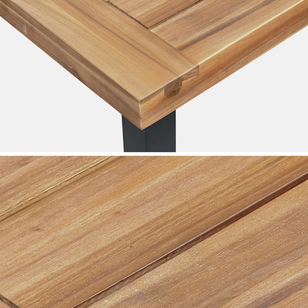 Table intérieur / extérieur santana en bois et métal. 150cm + 4 chaises en corde brasilia beiges. Empilables