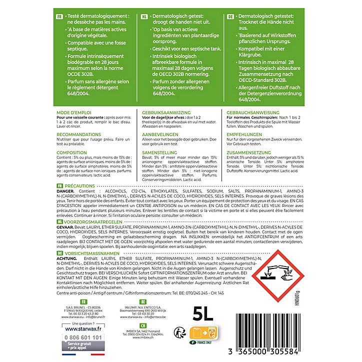 Liquide gel concentré vaisselle Starwax 5L vert