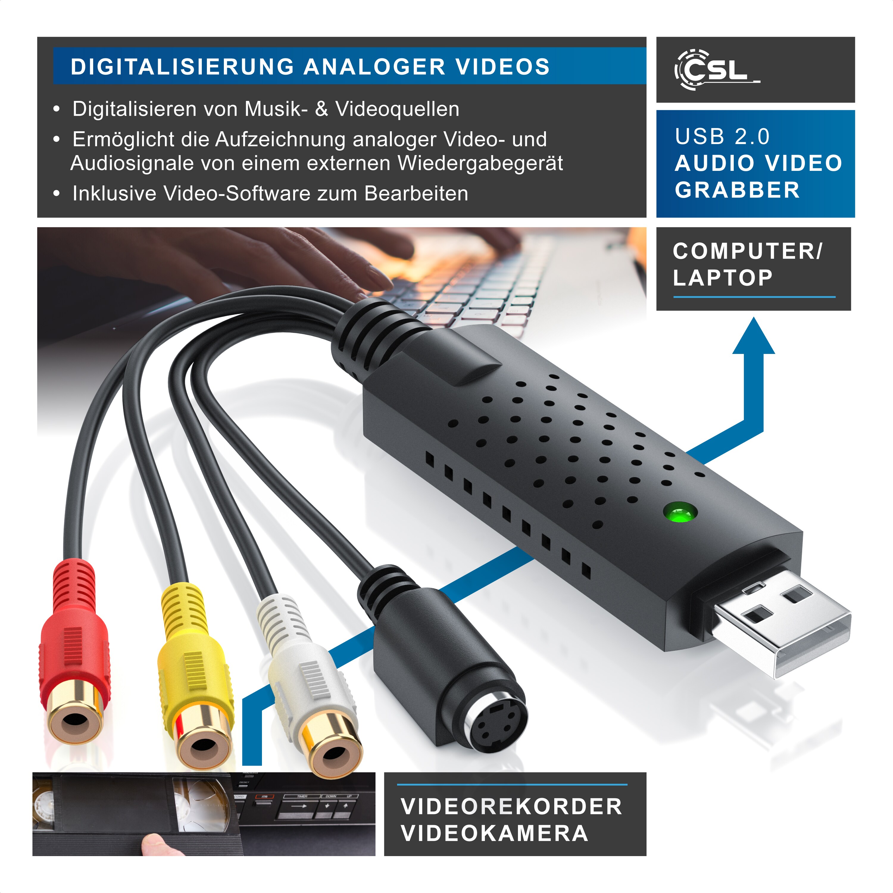 CSL Video Grabber USB Typ A, S-Video, Composite CVBS, Cinch zu USB 2.0 Typ A Stecker, USB Videograbber Audio Video Konverter, PAL NTSC, VHS zu DVD