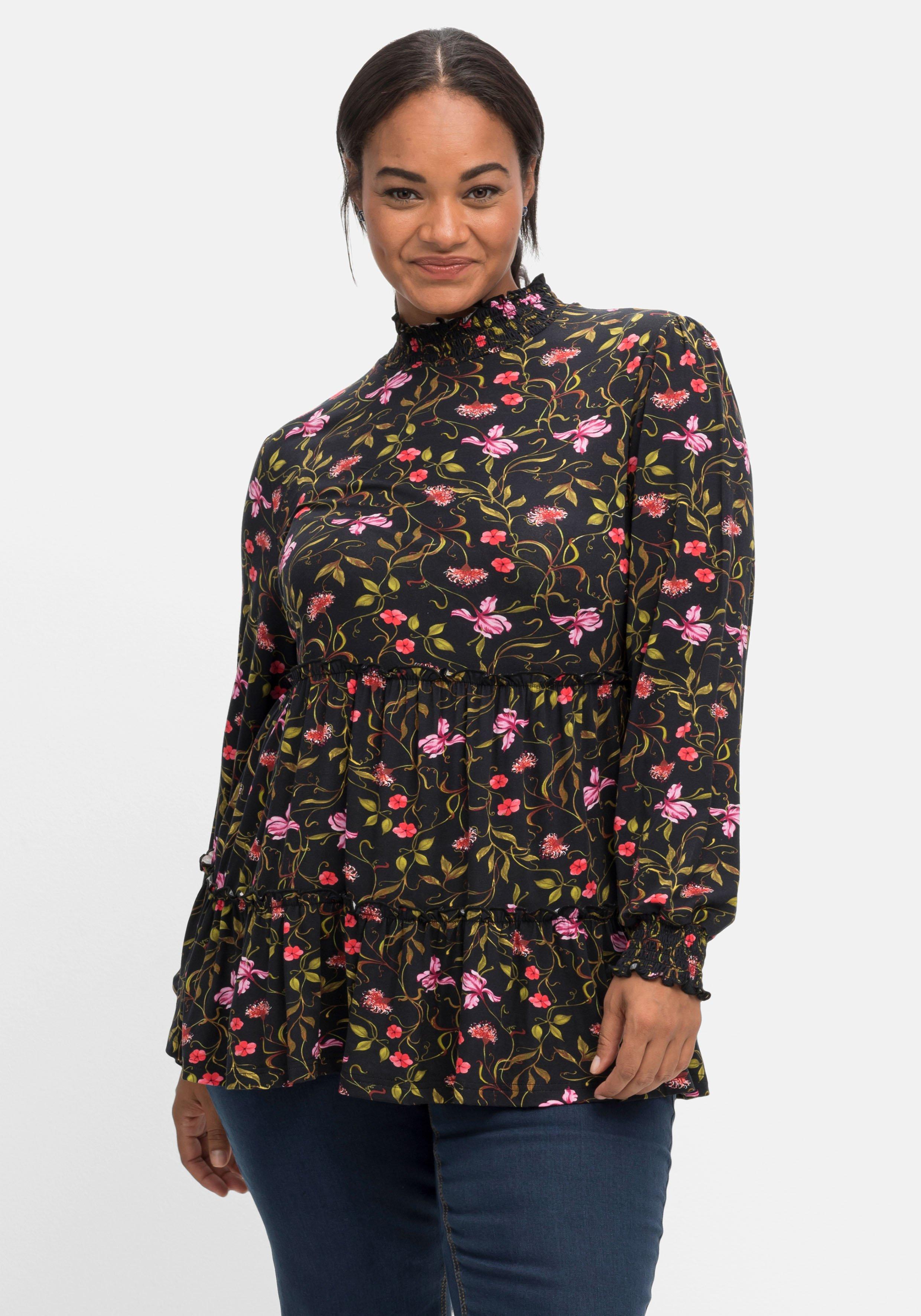 Langarmshirt mit Smokdetails und Volant am Saum